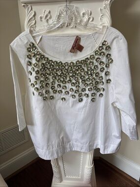 White Tunic with Olive & Pink Embroidered Floral Neckline